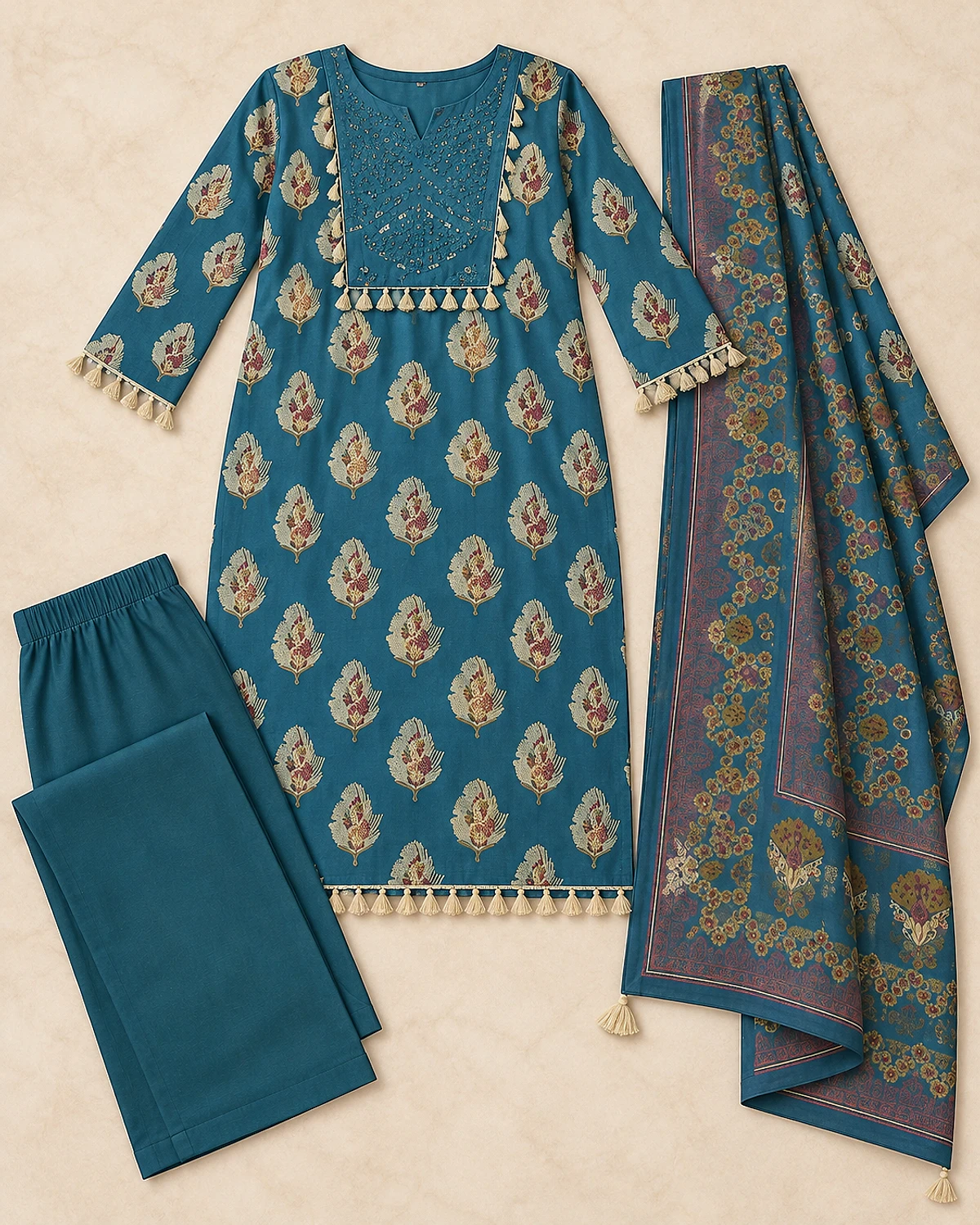 Teal blue kurta, palazzo and dupatta laid out flat