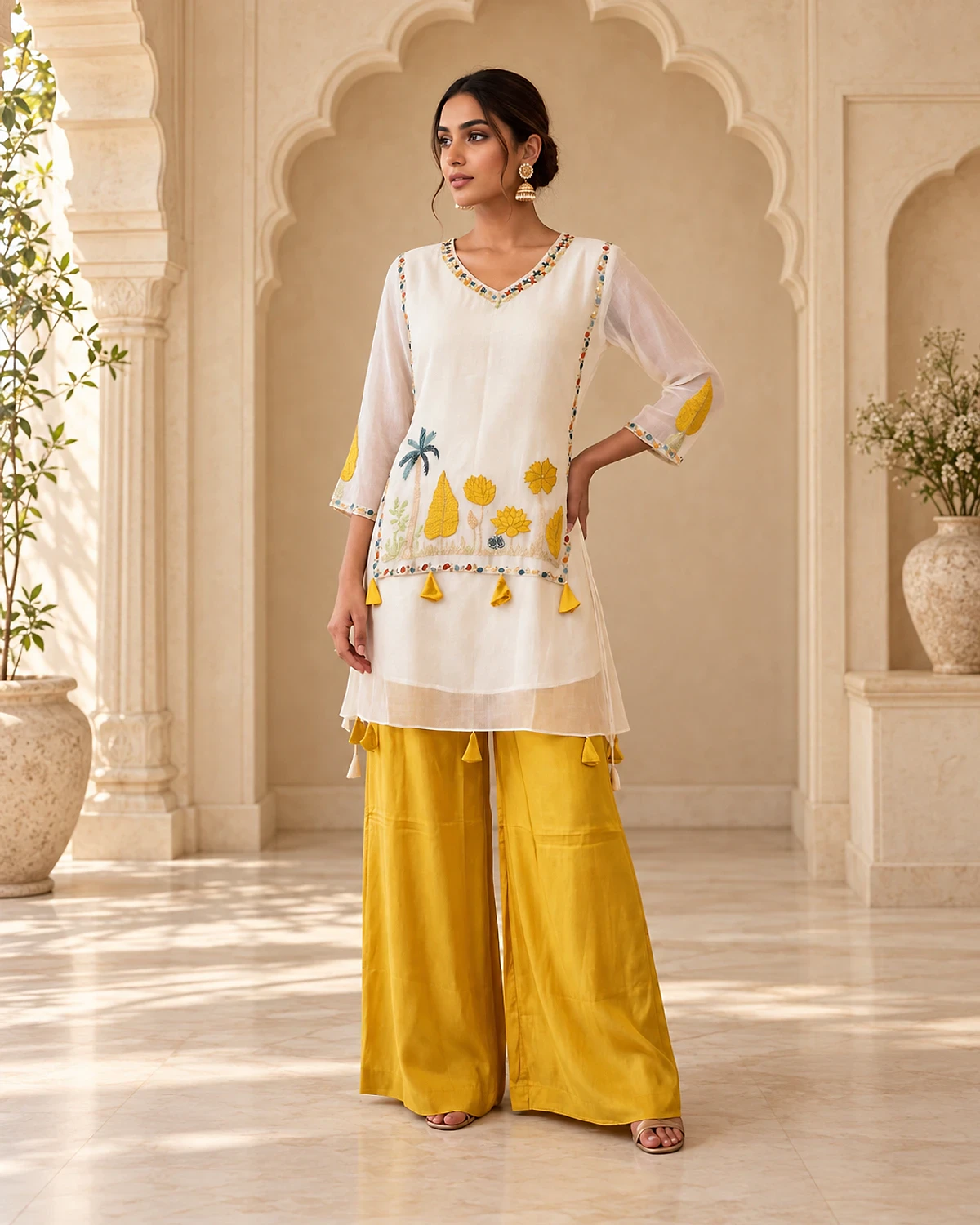 Woman wearing a white embroidered mal chanderi kurta with yellow palazzo