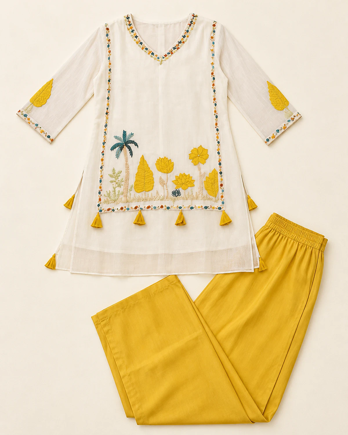 White embroidered kurta and yellow palazzo laid out flat