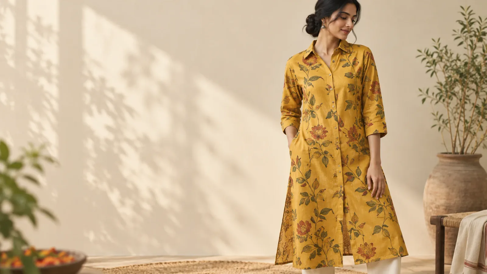 A woman in a mustard yellow floral print cotton shirt kurta with white trousers, in a sunlit room