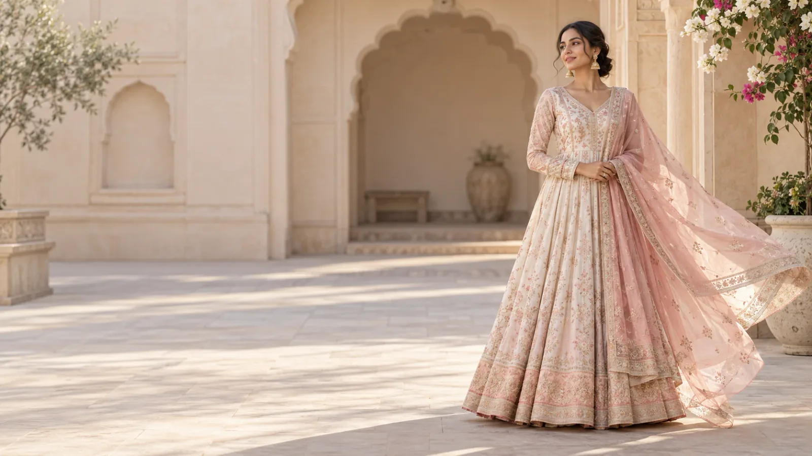 A woman in a blush pink embroidered anarkali with a sheer pink dupatta, in a sandstone courtyard