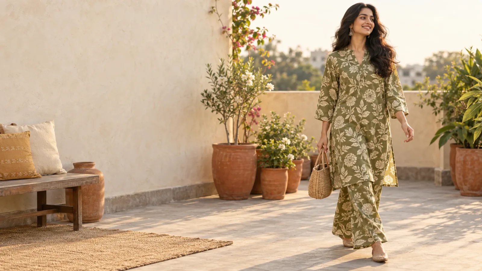 A smiling woman in an olive green floral print co-ord set, walking across a sunny terrace with a woven bag