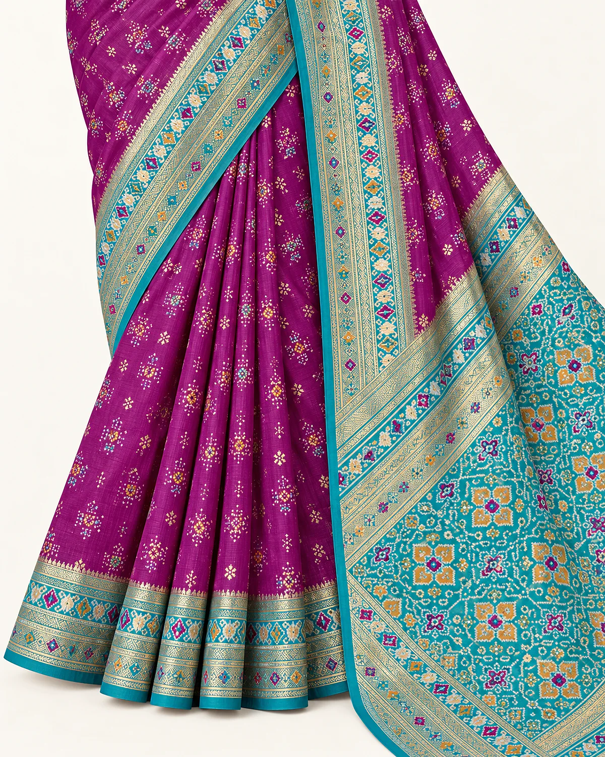 Close-up of the purple Tarini saree's folds, turquoise and aqua border and Patola-style pallu on a plain background