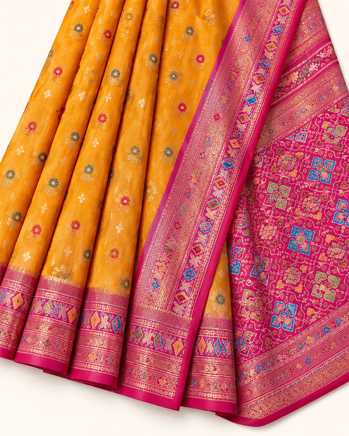 Close-up of the mustard Tarini saree's folds, magenta-pink border and Patola-style pallu on a plain background
