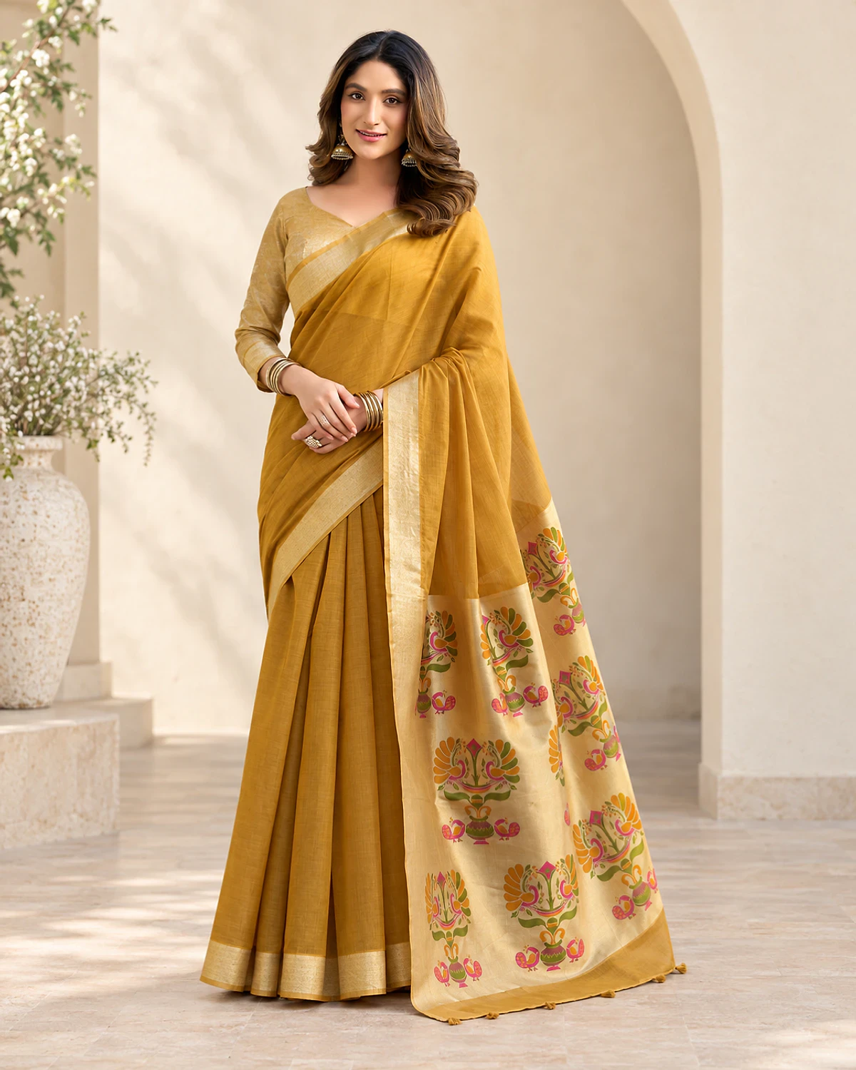 Woman wearing the mustard Surbhi cotton jacquard saree in a sunlit room with arches