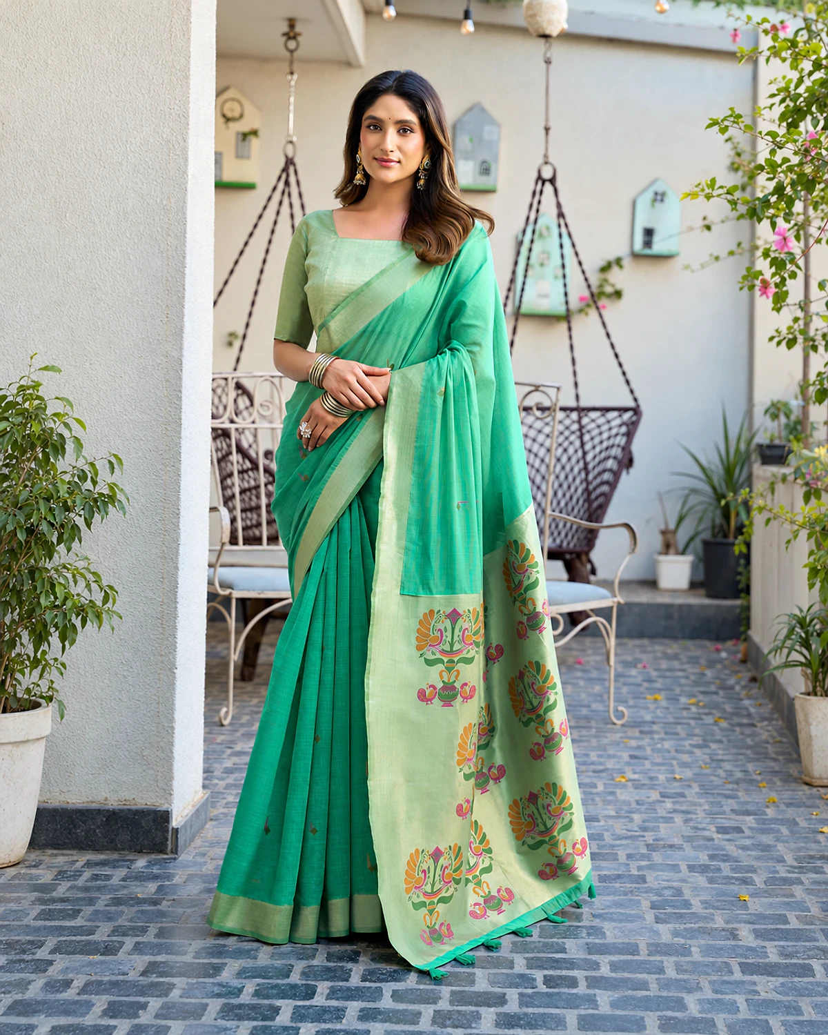 Woman wearing a mint green Surbhi cotton jacquard saree with a zari border and Paithani-style pallu, standing by a white pillar in a courtyard