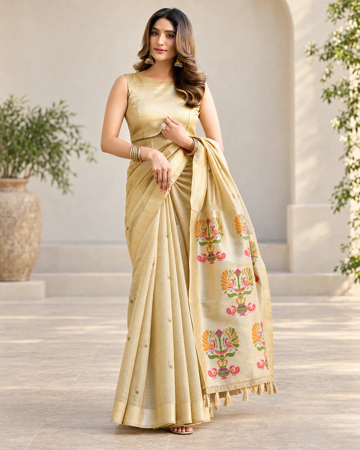 Woman wearing the champagne Surbhi cotton jacquard saree in a sunlit room with arches