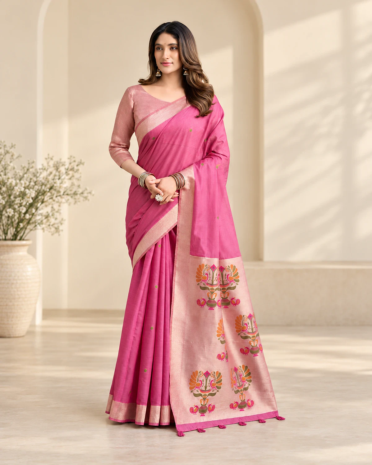 Woman wearing the pink Surbhi cotton jacquard saree in a sunlit room with arches
