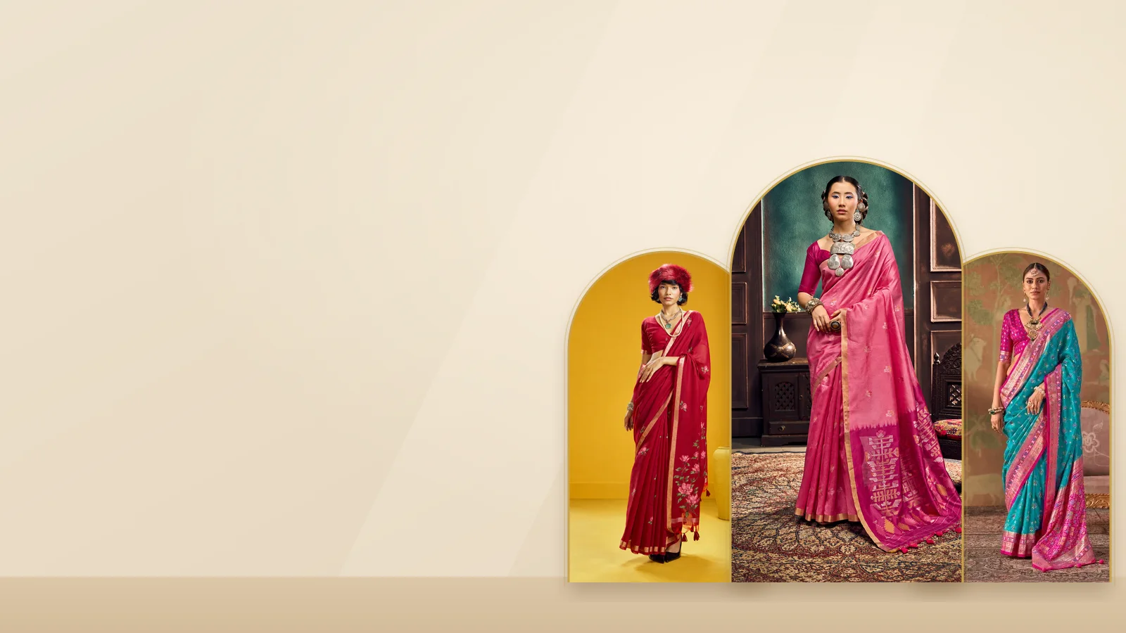 Three sarees in gold-rimmed arches: crimson handloom munga cotton, pink Paithani tussar silk and a turquoise Patola-style saree