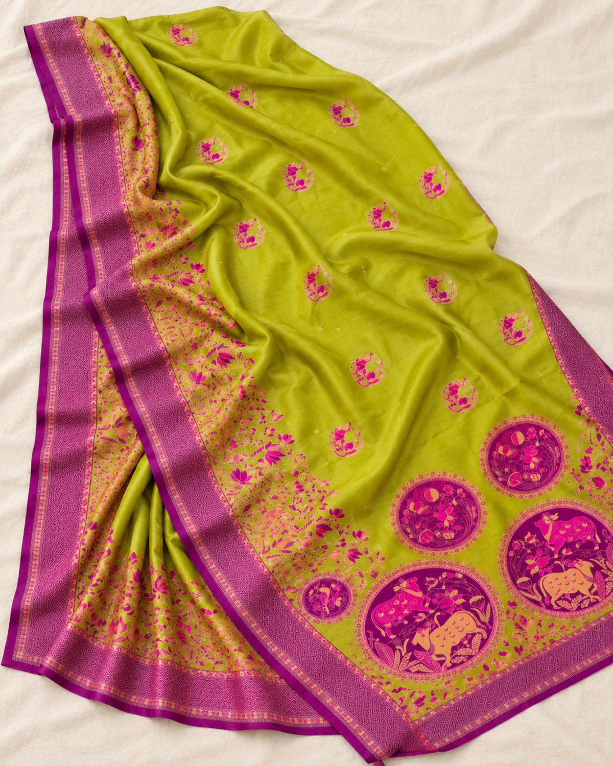 The lime green sigma silk saree laid out flat, showing its purple border and medallion pallu