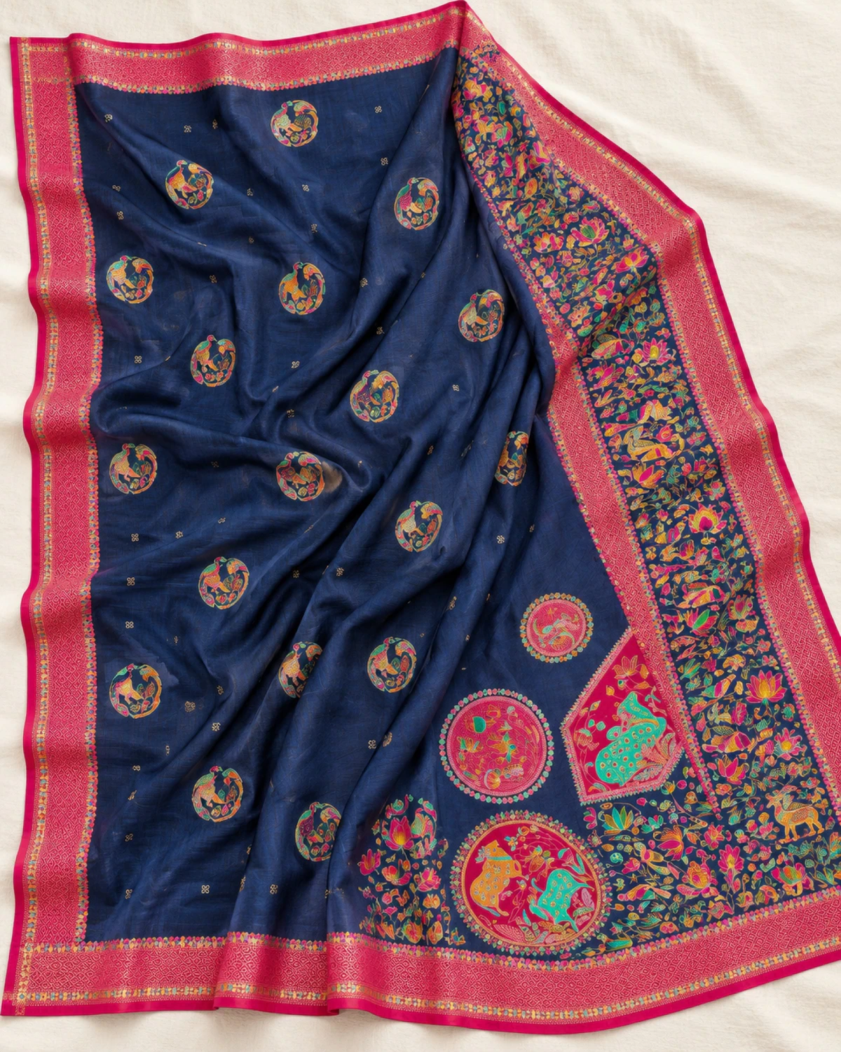 The navy blue sigma silk saree laid out flat, showing its rani pink border and medallion pallu
