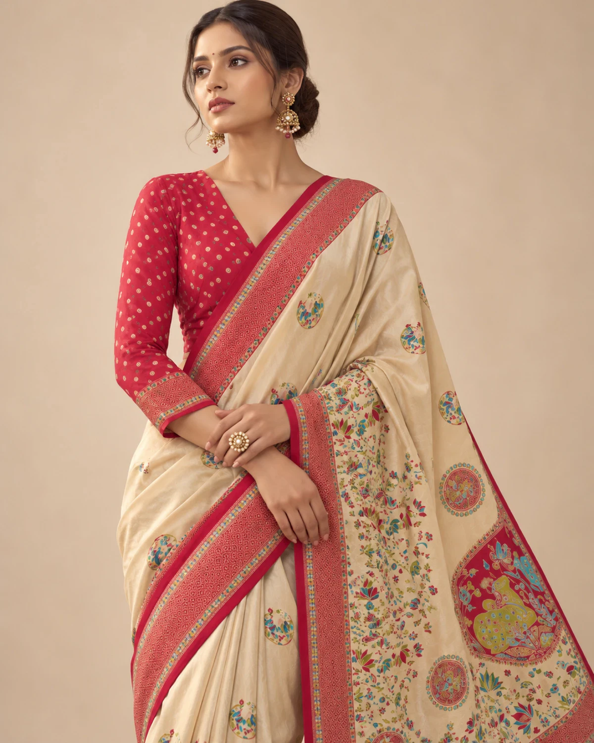 Close view of a woman in the cream sigma silk saree, showing its red border and printed pallu