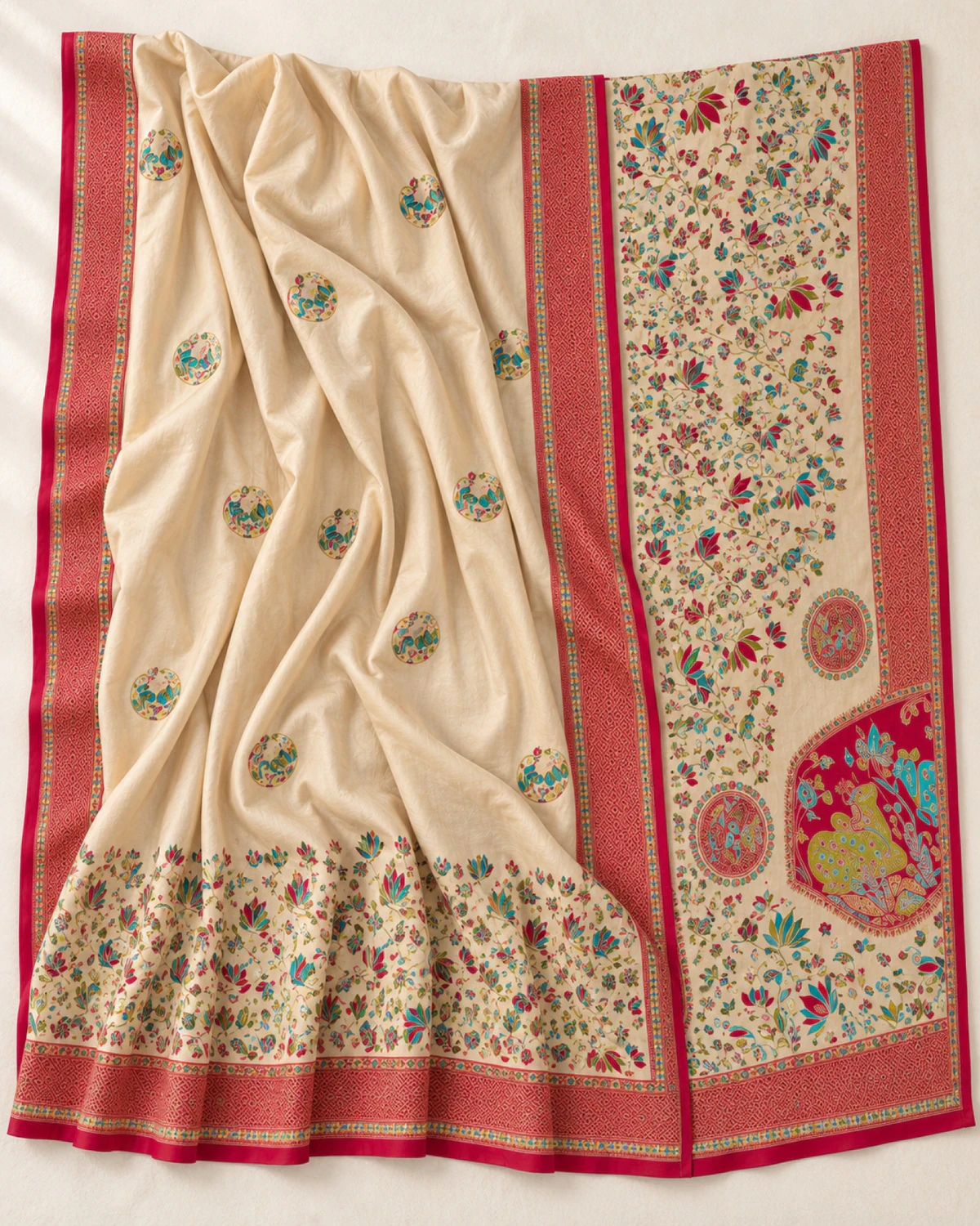 The cream sigma silk saree laid out flat, showing its red border and medallion pallu