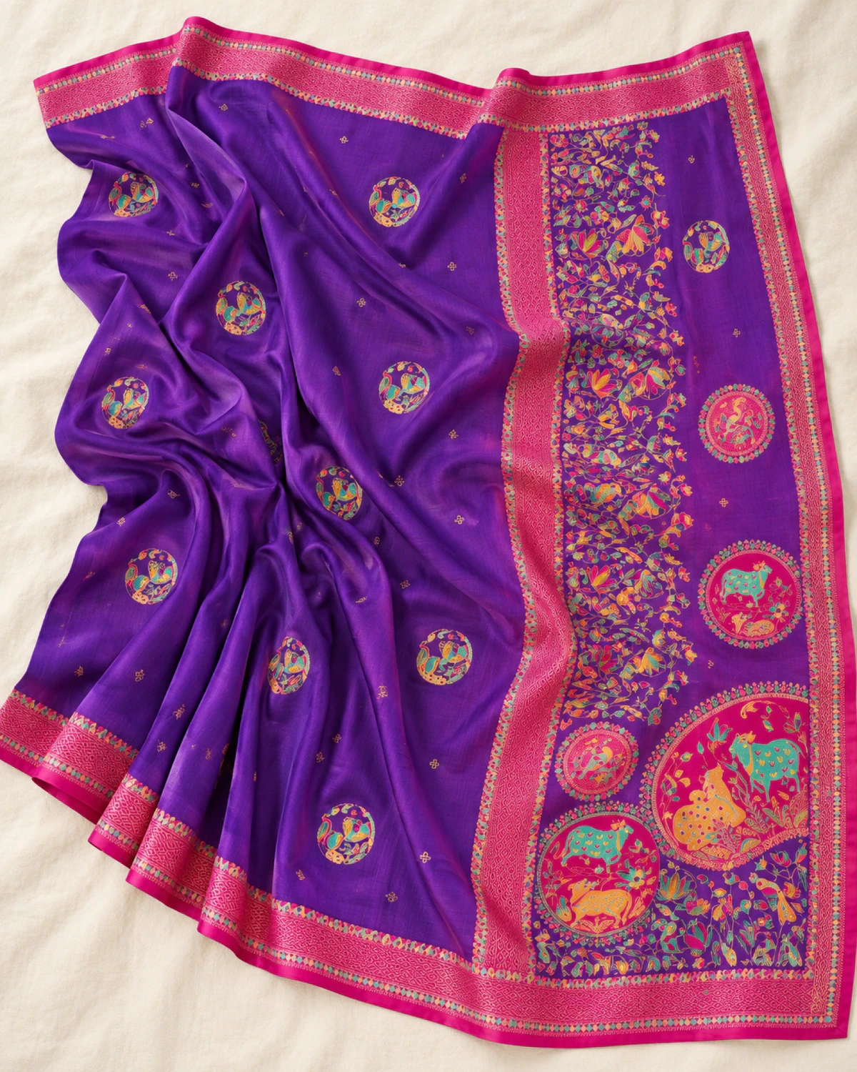 The purple sigma silk saree laid out flat, showing its rani pink border and medallion pallu