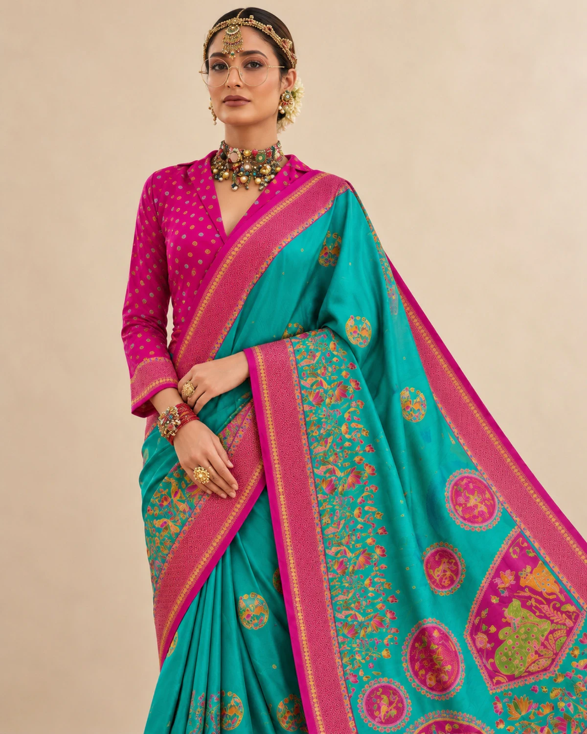 Close view of a woman in the teal sigma silk saree, showing its magenta pink border and printed pallu