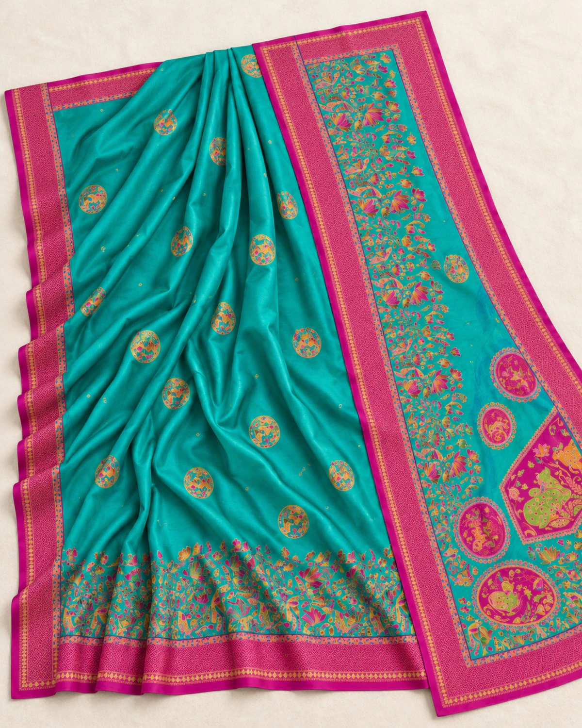 The teal sigma silk saree laid out flat, showing its magenta pink border and medallion pallu