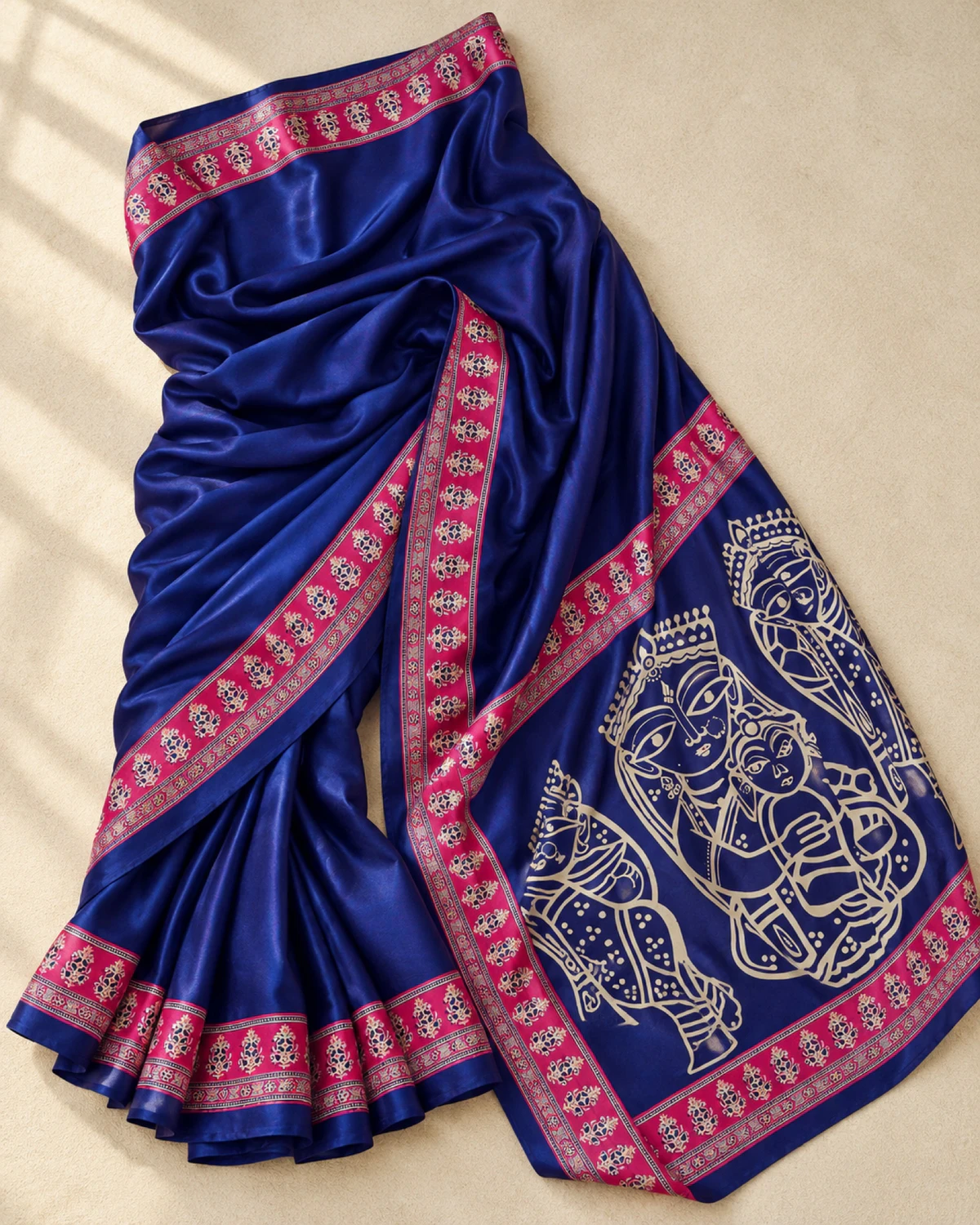 The navy blue modal satin saree laid out flat, showing its rani pink Ajrakh border and figure pallu