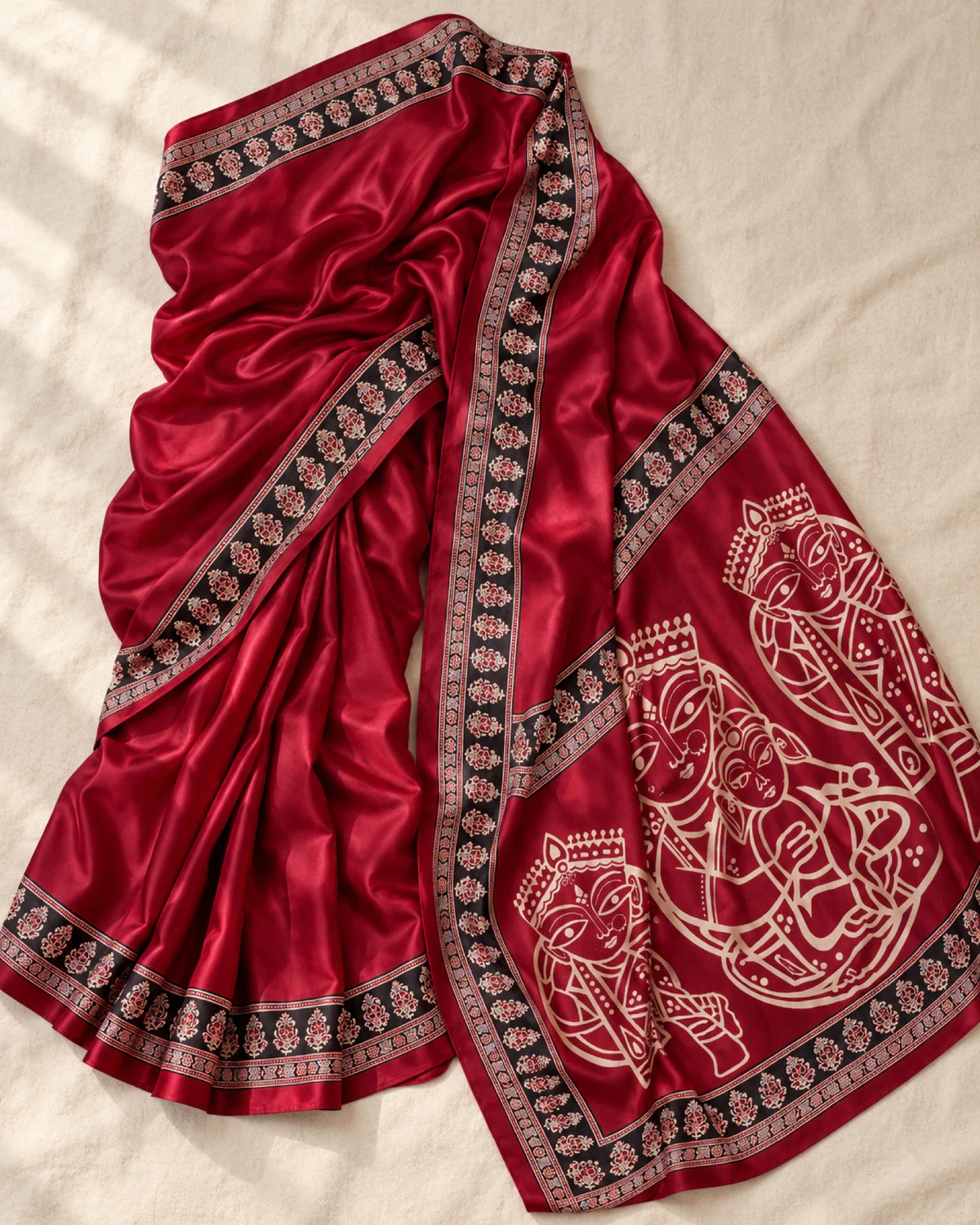 The red modal satin saree laid out flat, showing its black Ajrakh border and figure pallu