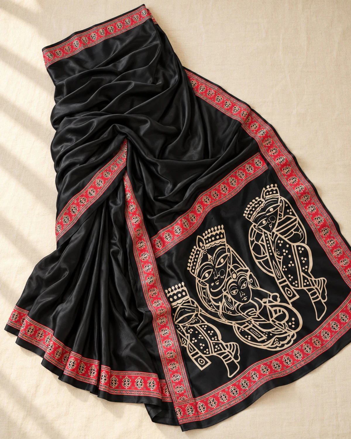 The black modal satin saree laid out flat, showing its red Ajrakh border and figure pallu