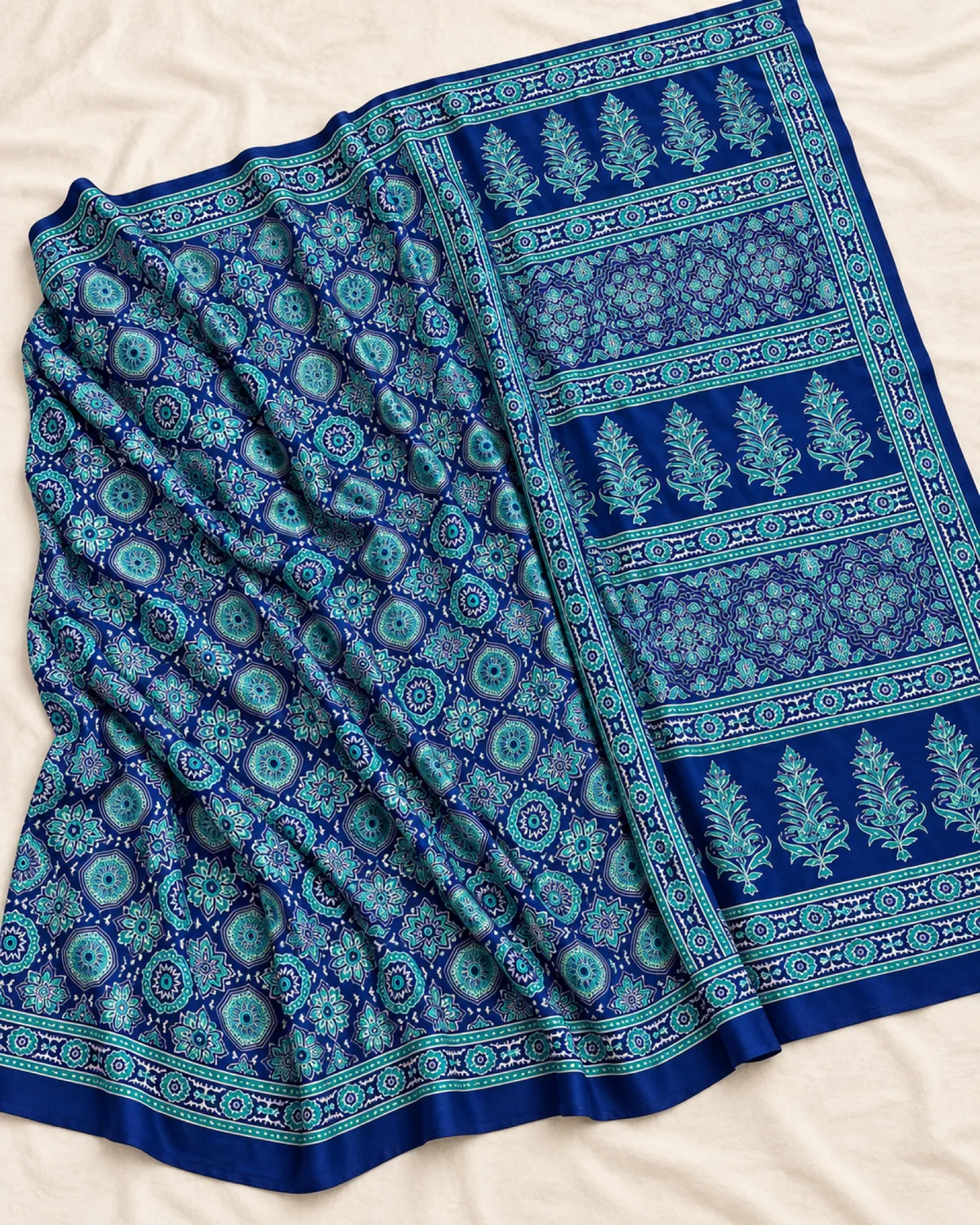 The blue modal satin saree laid out flat, showing its aqua and white Ajrakh medallions and buta pallu