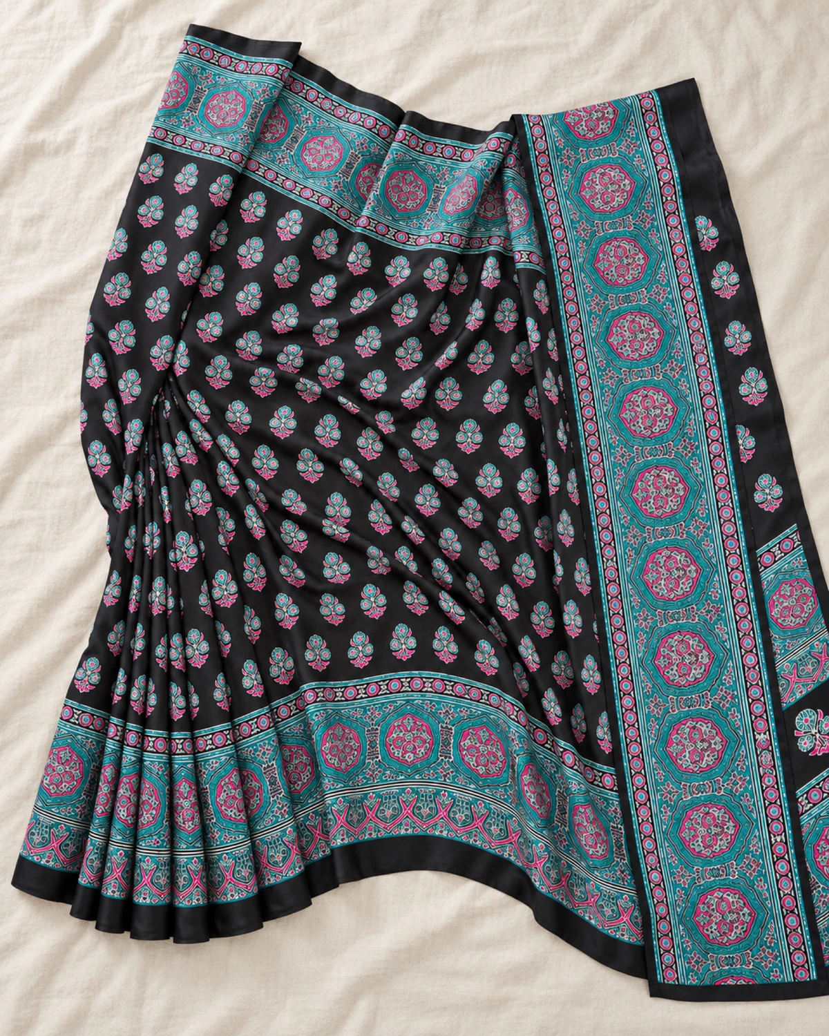 The black and teal modal satin saree laid out flat, showing its small butis and wide teal medallion border