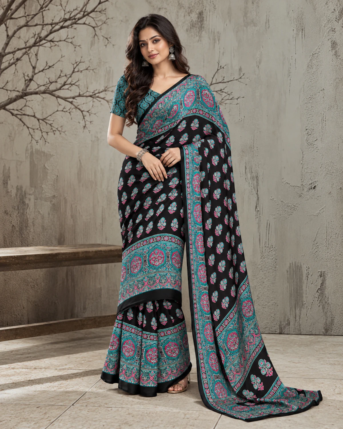 Woman in the black and teal modal satin saree, its long pallu with teal medallions falling to the floor