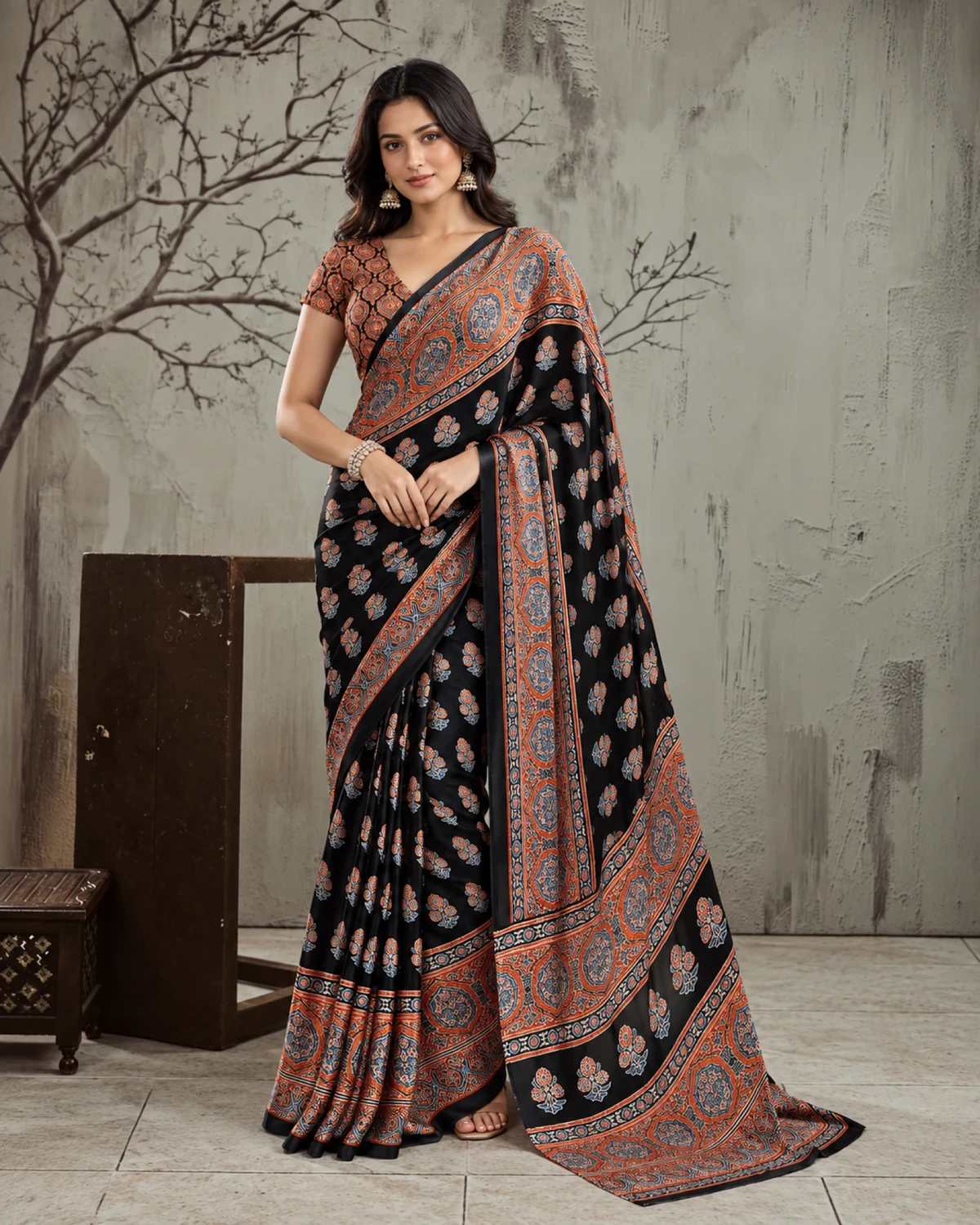 Woman in the black and rust modal satin saree, its long pallu with rust medallions falling to the floor