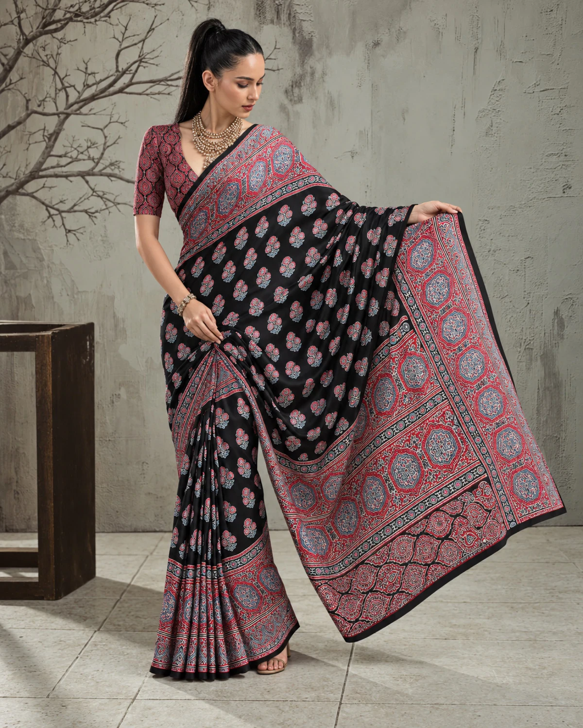 Woman holding out the black and red saree's pallu to show its wide red Ajrakh border