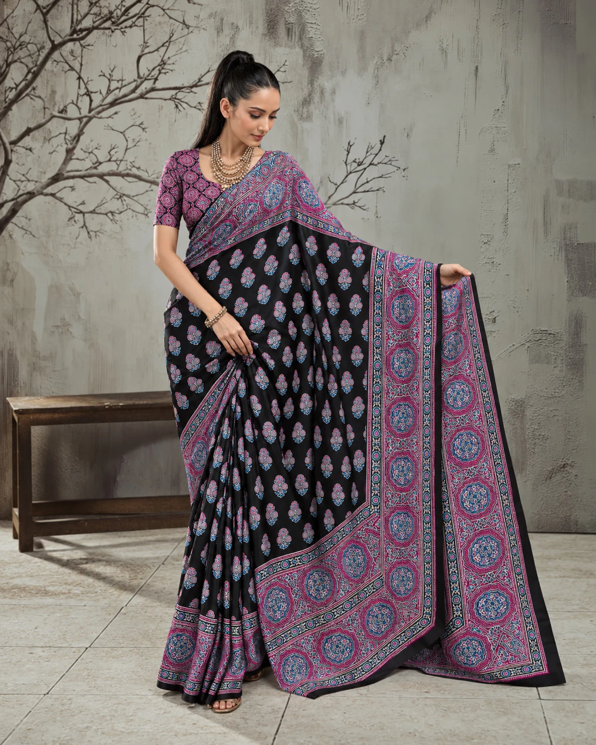 Woman holding out the black and purple saree's pallu to show its wide purple Ajrakh border