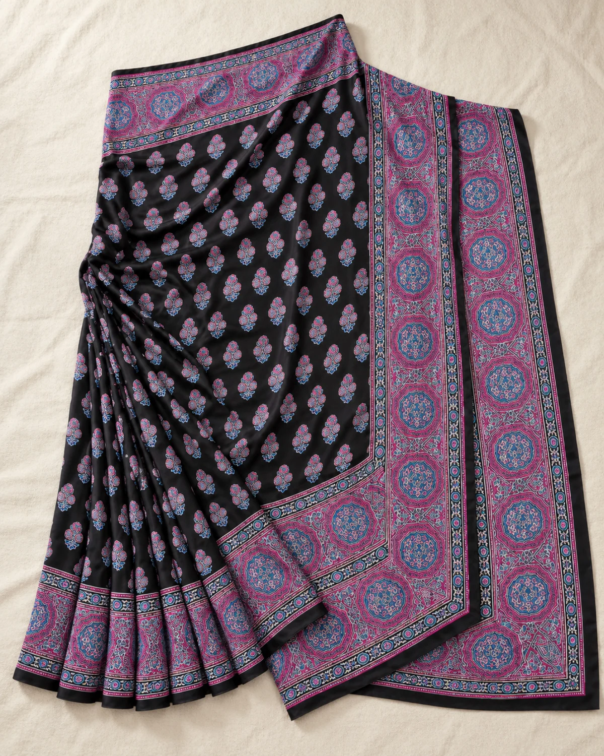 The black and purple modal satin saree laid out flat, showing its small butis and wide purple medallion border