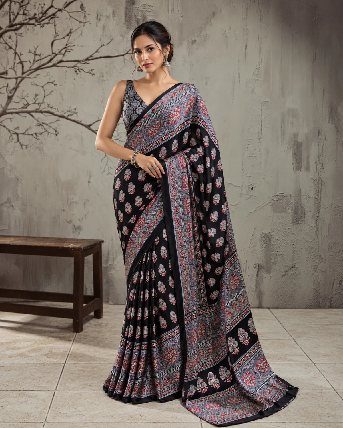 Woman in the black and grey modal satin saree, its long pallu with grey medallions falling to the floor
