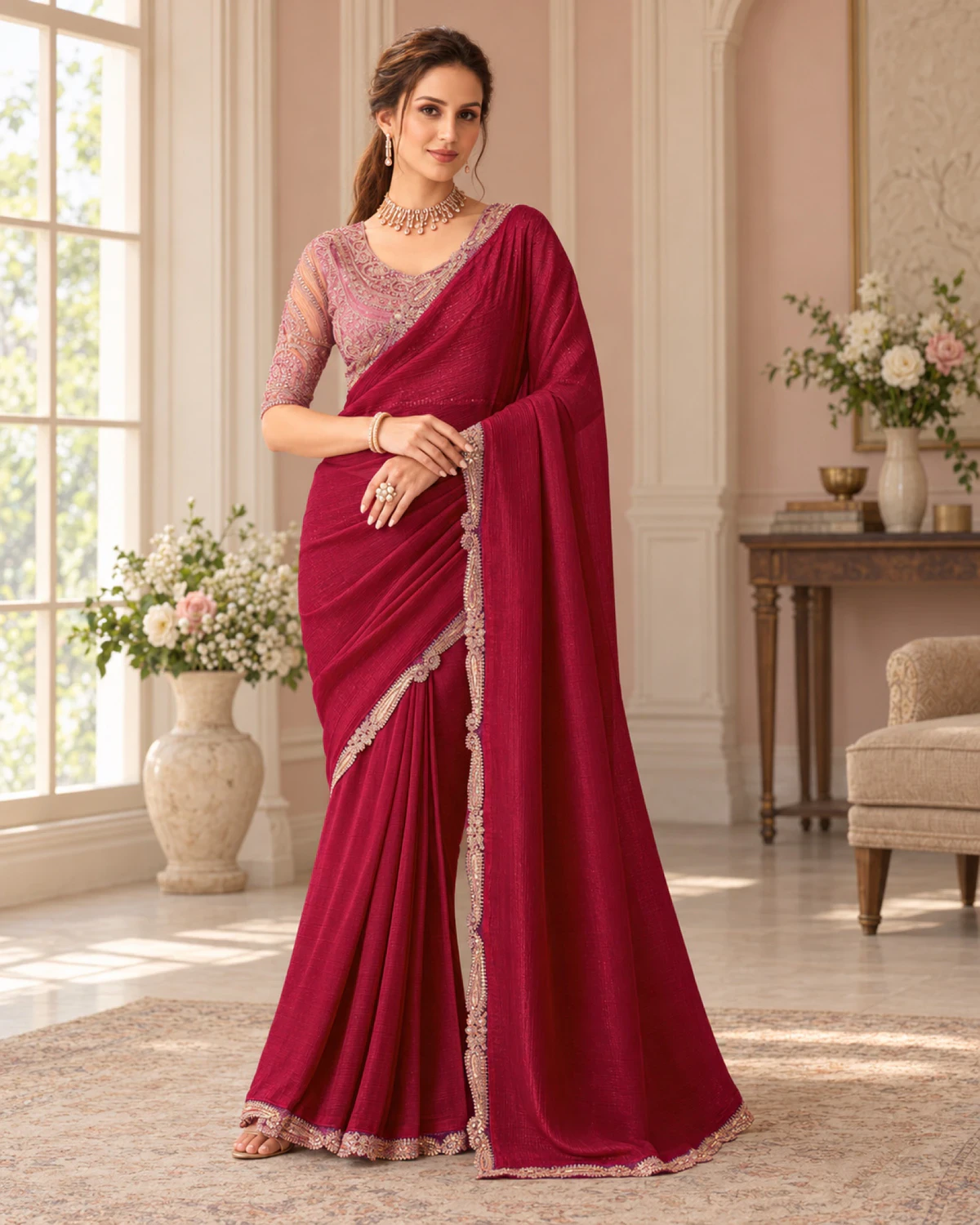 Woman wearing a wine textured georgette saree with a scalloped rose-gold border, standing in a pink room by a tall window