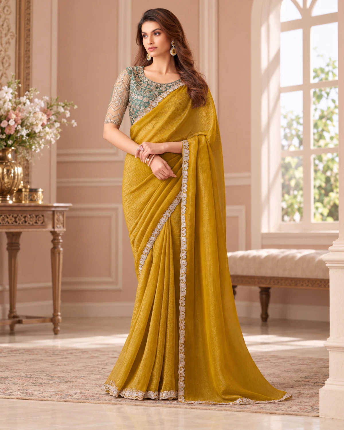 Woman wearing a mustard yellow textured georgette saree with a scalloped ivory border, standing in a pink room with arched windows
