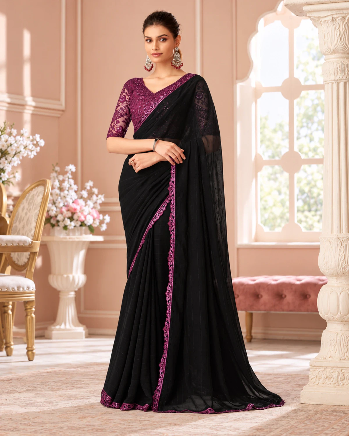 Woman wearing a black textured georgette saree with a scalloped magenta border, standing in a pink room with white pillars