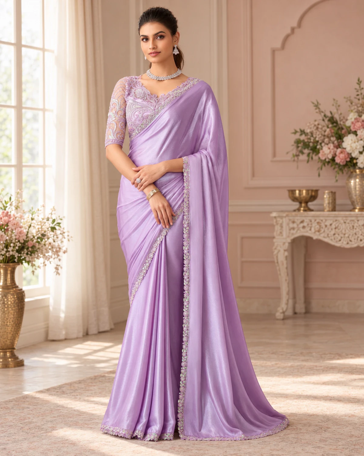 Woman wearing a lilac shimmer chiffon saree with a scalloped silver border, standing in a pink room with flowers