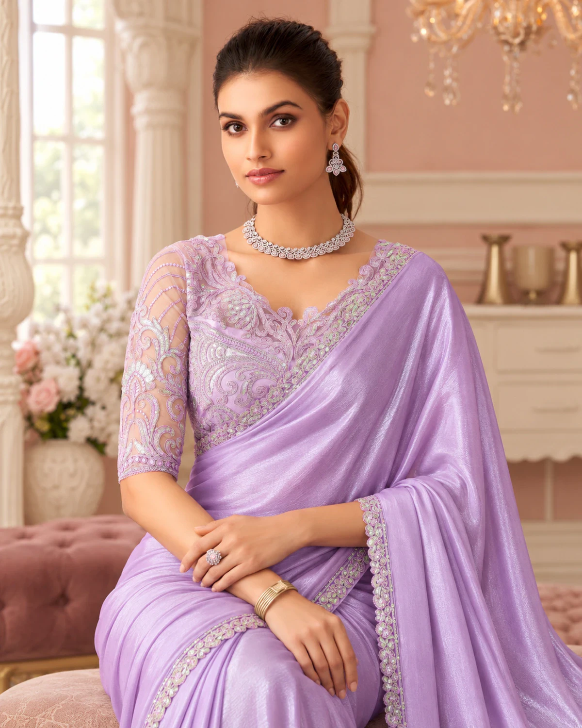 Woman in the lilac shimmer chiffon saree and a lilac blouse with silver embroidery, seated in a pink room