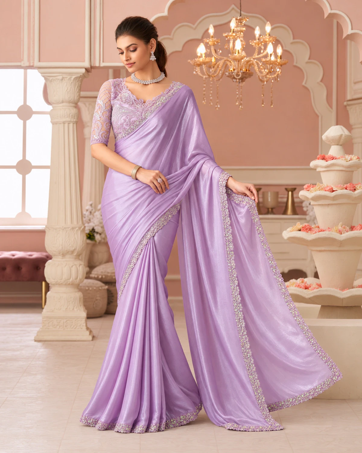 Woman holding out the pallu of the lilac shimmer chiffon saree under a chandelier
