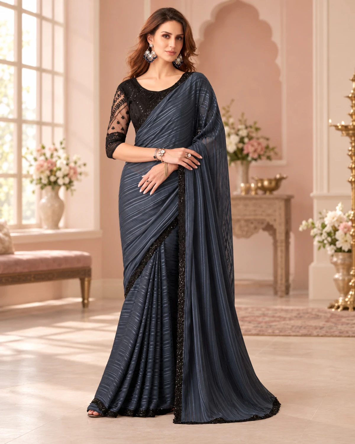 Woman wearing a charcoal grey striped georgette saree with a scalloped black border, standing in a pink room