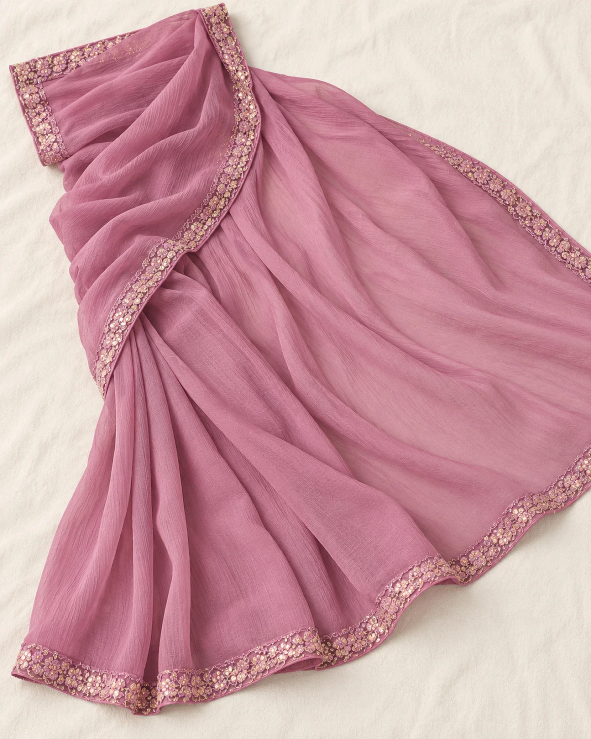 The dusty pink georgette saree laid flat on a cream cloth, showing its matching border