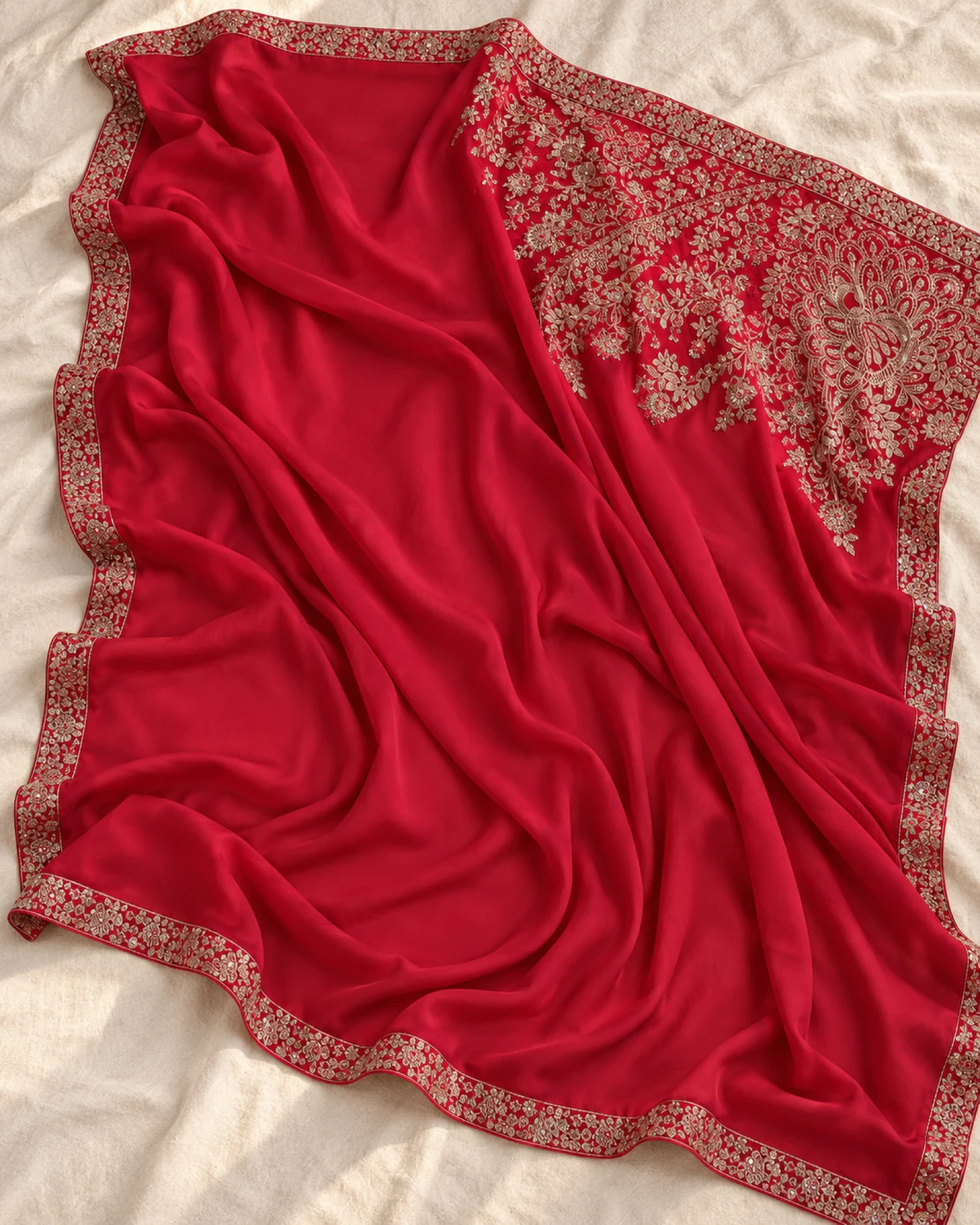 The red sparkle georgette saree laid flat on a cream cloth, showing its gold embroidered border and pallu