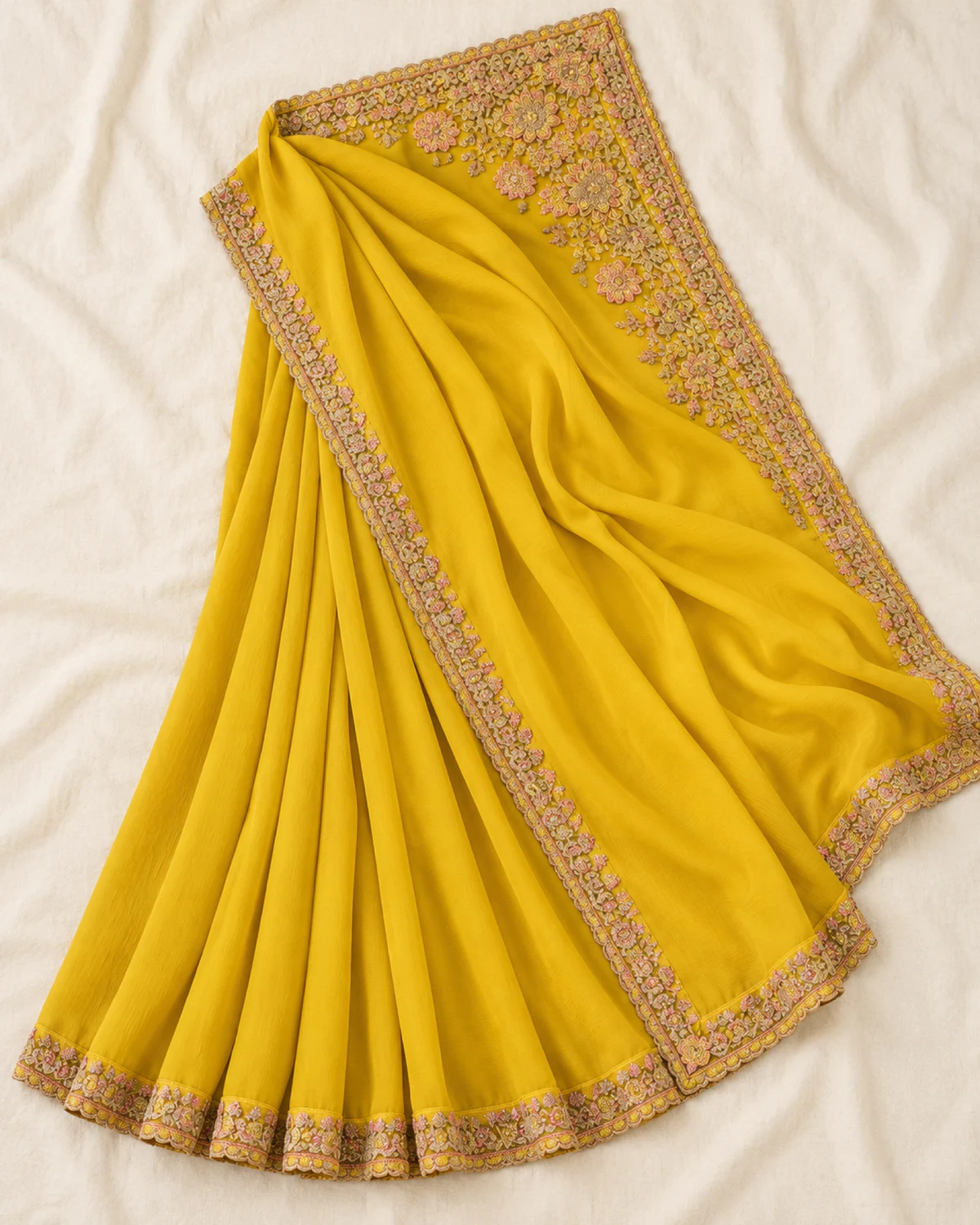 The yellow satin chiffon saree laid flat on a cream cloth, showing its gold embroidered border and pallu