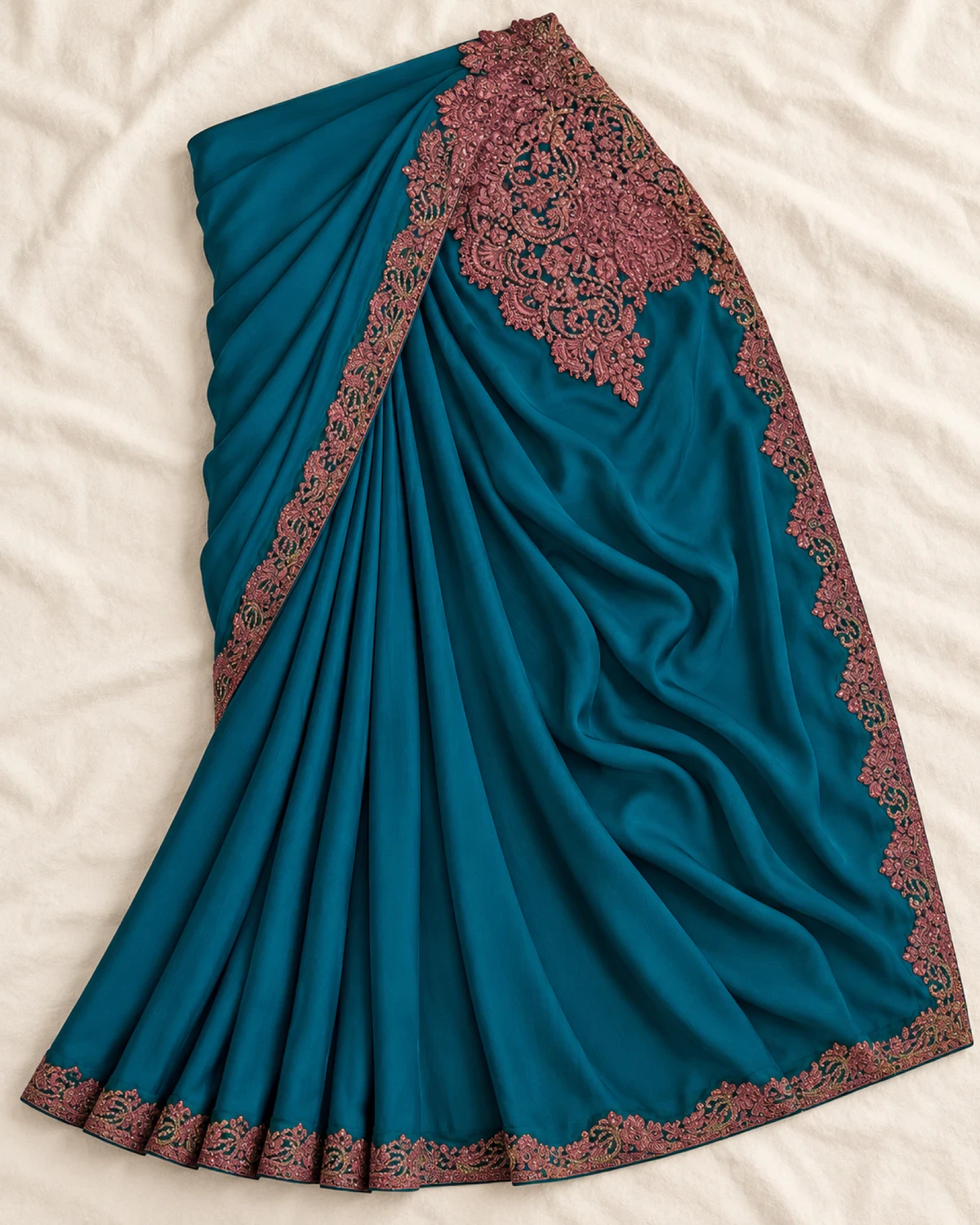 The teal satin chiffon saree laid flat on a cream cloth, showing its wine embroidered border and pallu