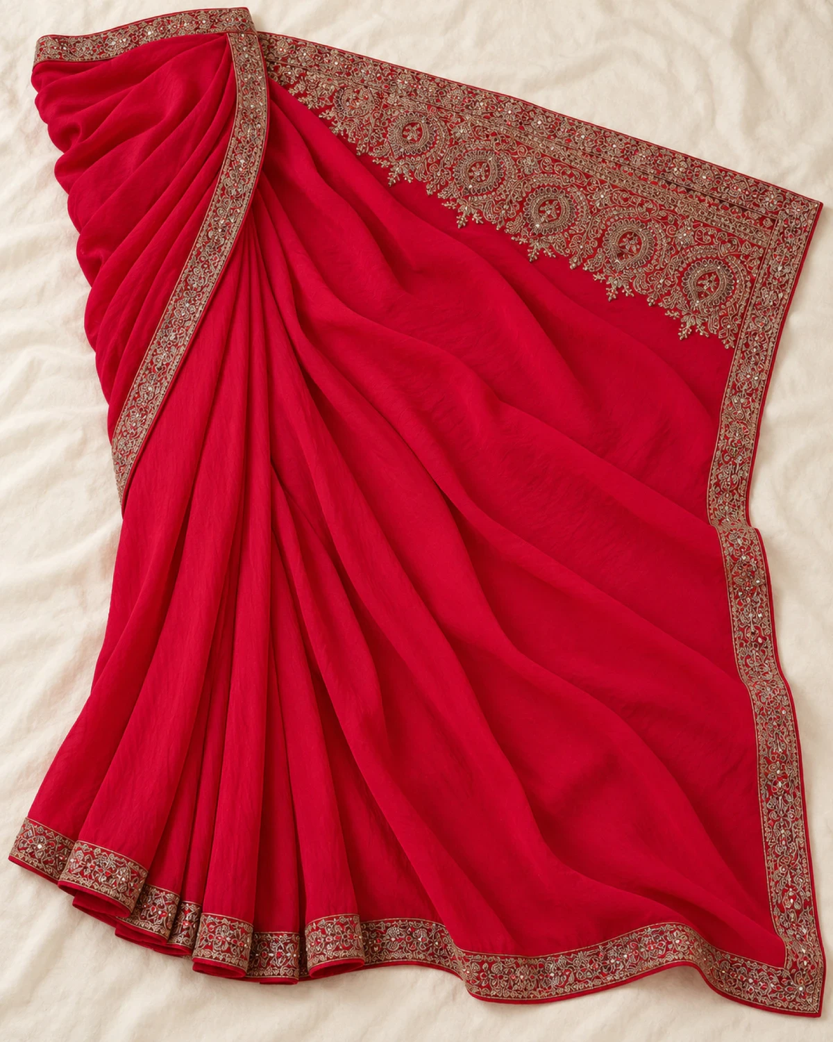 The red satin georgette saree laid flat on a cream cloth, showing the embroidered medallions on its pallu