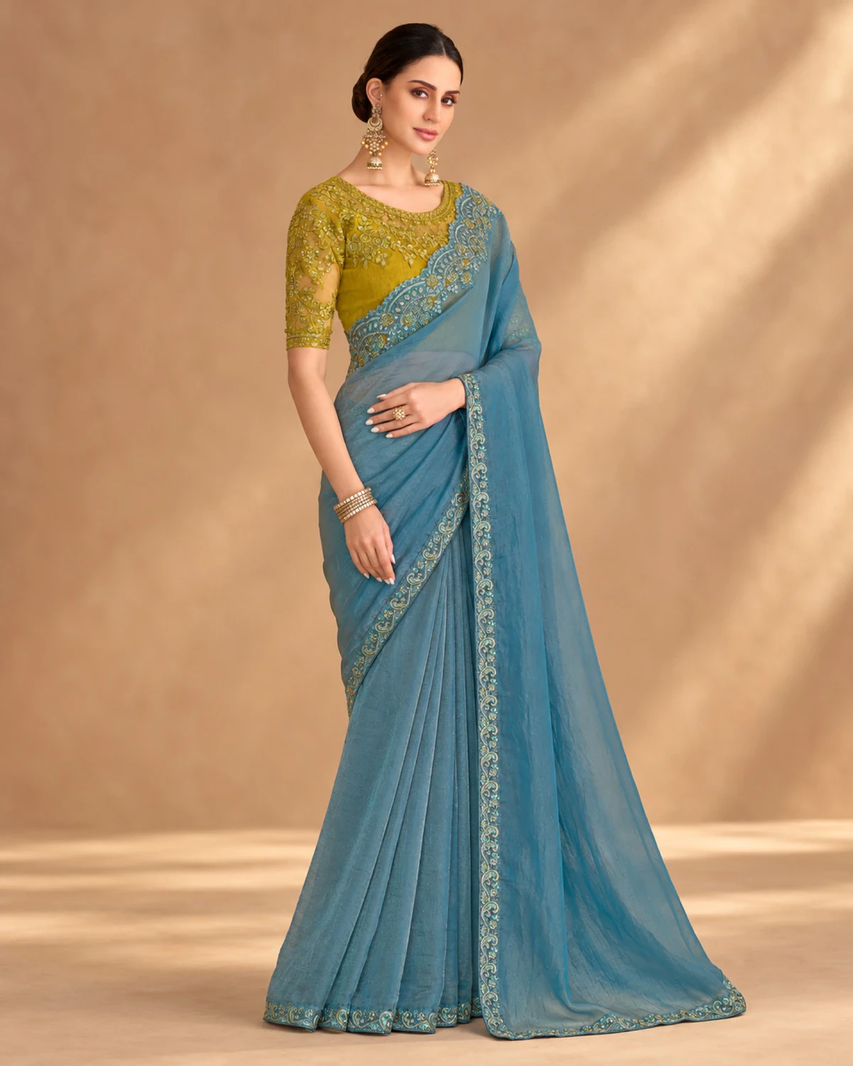 Full-length view of the powder blue tissue georgette saree with its embroidered border