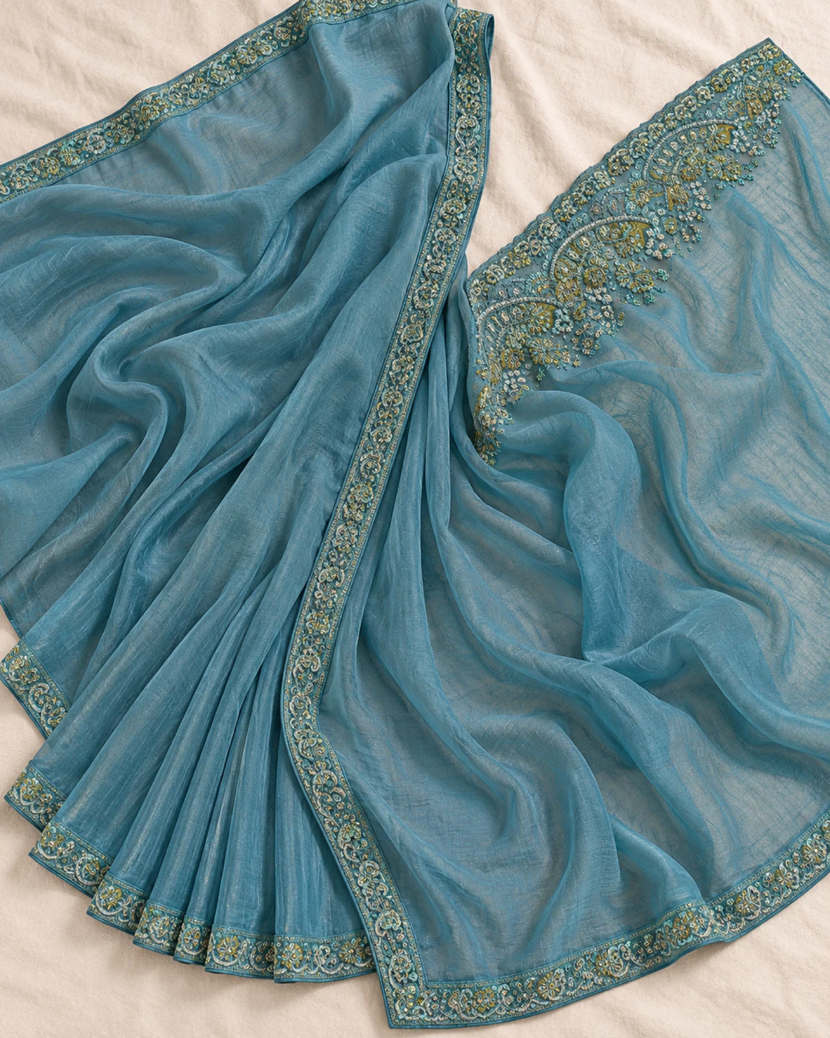 The powder blue tissue georgette saree laid flat on a cream cloth, showing its embroidered border and pallu