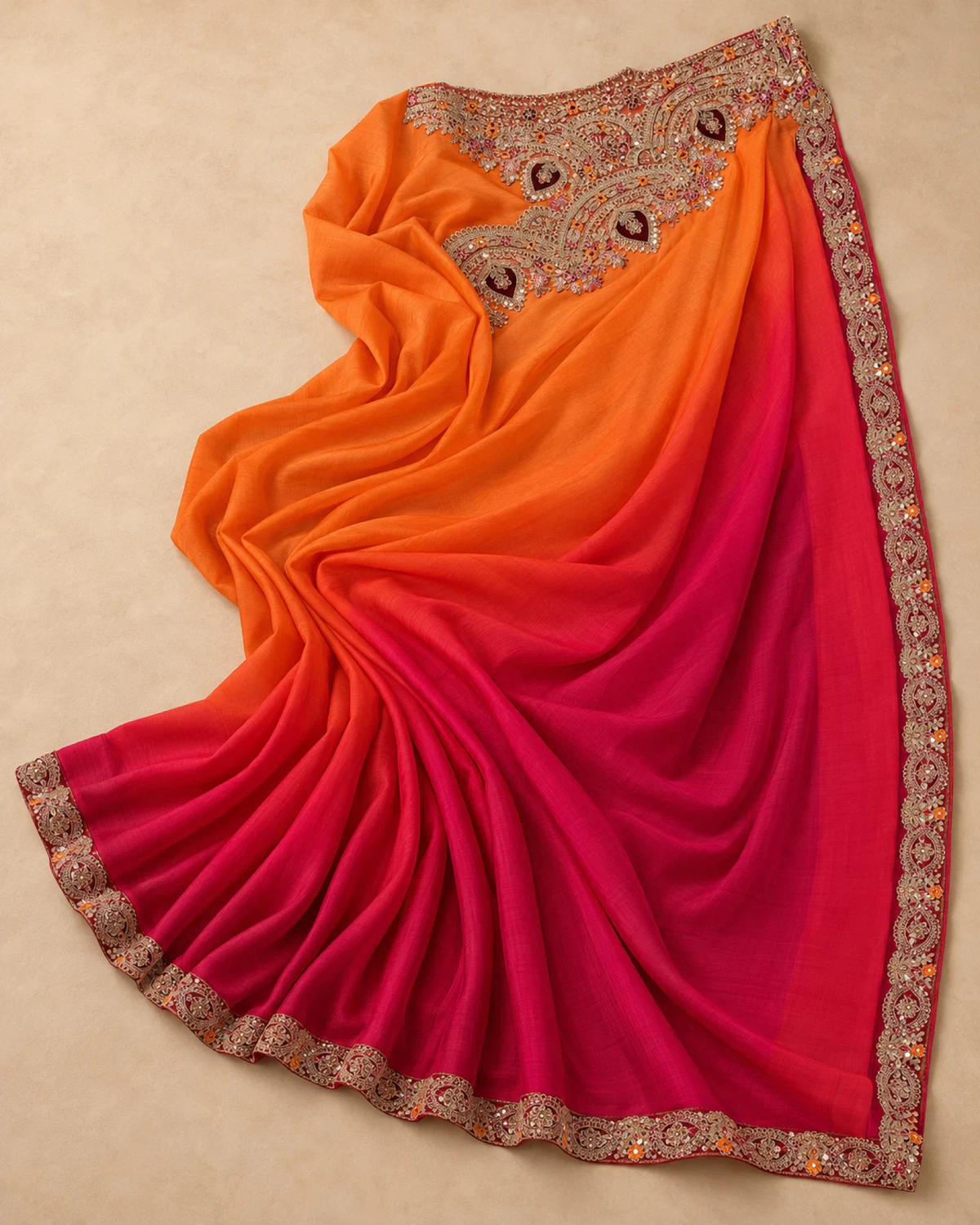 The orange and red satin chiffon saree laid flat, showing its shading and gold embroidered border