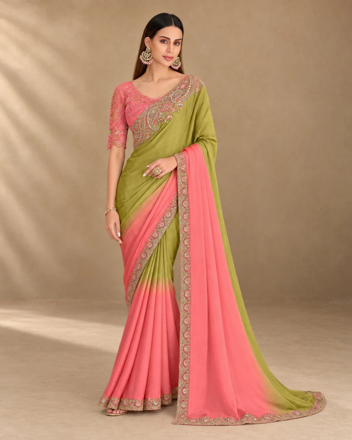 Full-length view of the olive and pink shaded crush georgette saree