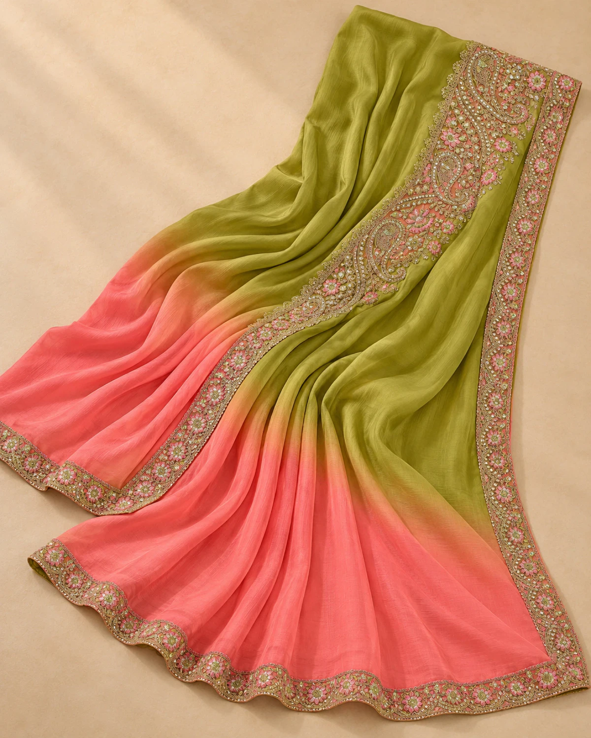 The olive and pink crush georgette saree laid flat, showing its shading and embroidered border