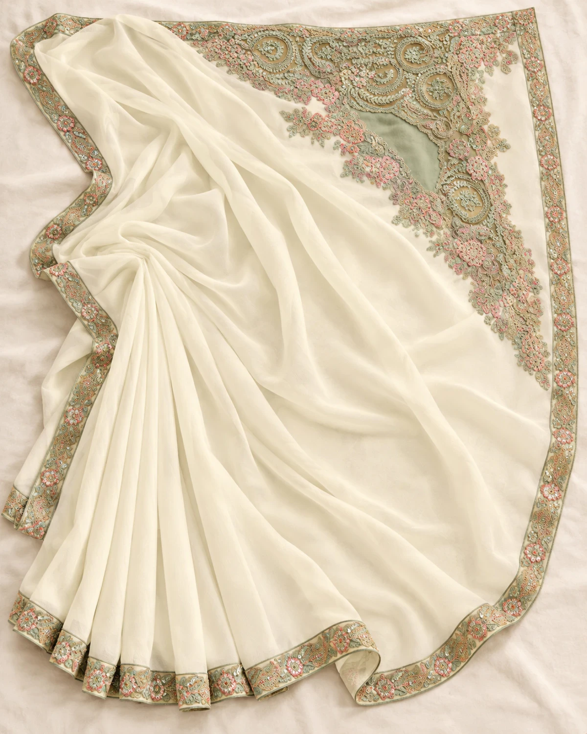 The ivory satin saree laid flat on a cream cloth, showing its embroidered border and pallu