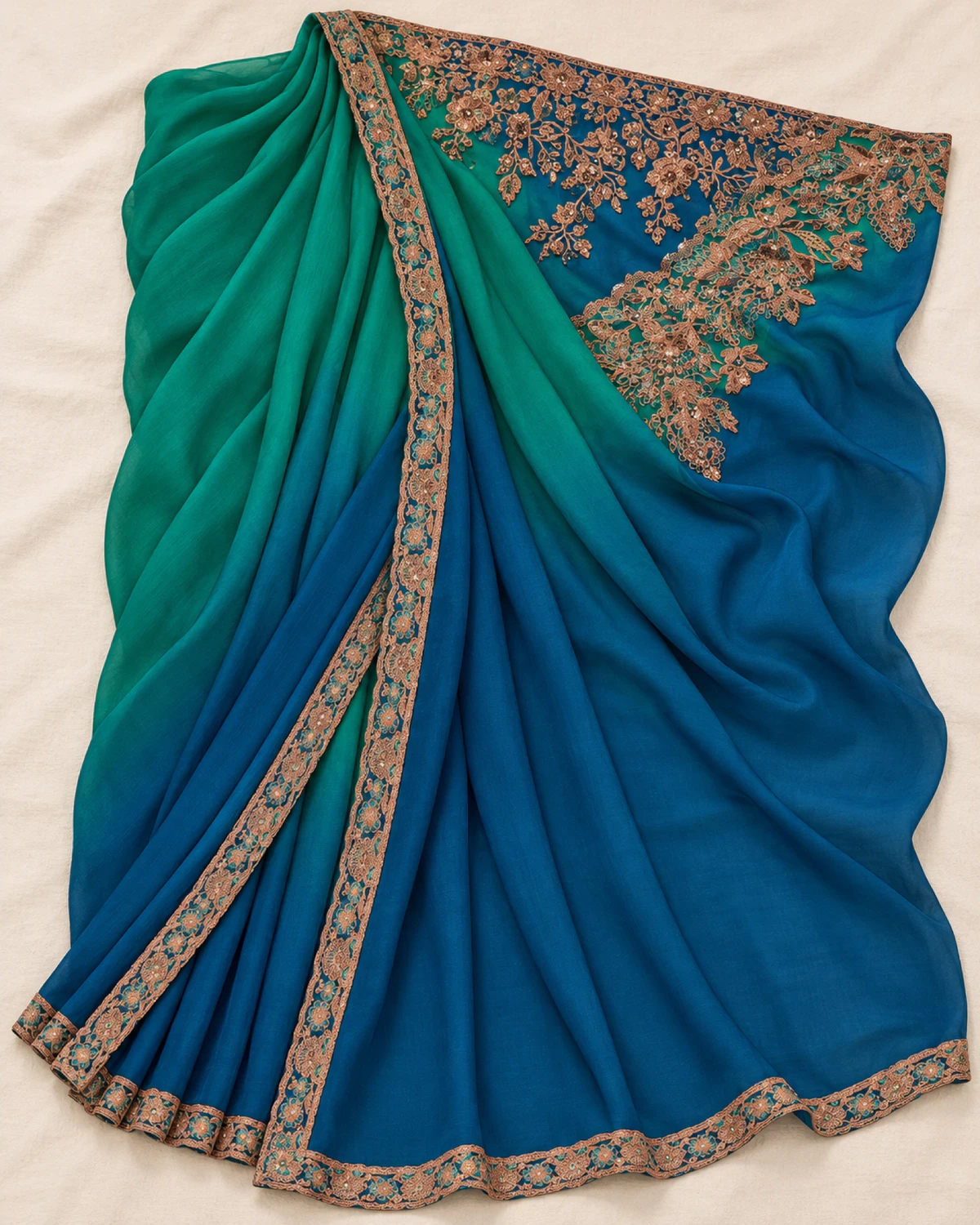 The teal and blue chiffon saree laid flat, showing its shading and copper embroidered border